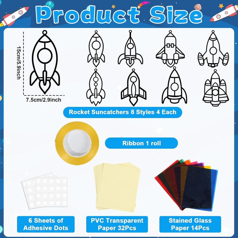 QOUBAI 32 Sets Outer Space Rocket Suncatchers Craft Kit DIY Window Stained Glass Effect Space Theme Paper Crafts for Home School Classroom Decoration Kid Birthday Gifts Creative Art Projects Activity Game - Image 2